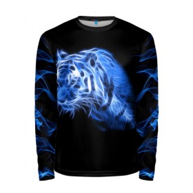 Мужской лонгслив 3D с принтом Синий тигр в Кировске, 100% полиэстер | длинные рукава, круглый вырез горловины, полуприлегающий силуэт | tiger | большая кошка | огонь | пламя | тигр | хищник