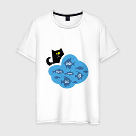 Мужская футболка хлопок с принтом Кот программиста в Кировске, 100% хлопок | прямой крой, круглый вырез горловины, длина до линии бедер, слегка спущенное плечо. | картинки со смыслом | код | кот | котик | ловить рыбку | офис | прикольные картинки | программистам | работа