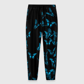 Мужские брюки 3D с принтом Синие бабочки в Кировске, 100% полиэстер | манжеты по низу, эластичный пояс регулируется шнурком, по бокам два кармана без застежек, внутренняя часть кармана из мелкой сетки | бабочка | мотылек | насекомые | синий