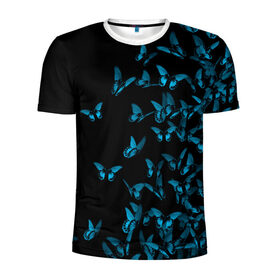 Мужская футболка 3D спортивная с принтом Синие бабочки в Кировске, 100% полиэстер с улучшенными характеристиками | приталенный силуэт, круглая горловина, широкие плечи, сужается к линии бедра | Тематика изображения на принте: бабочка | мотылек | насекомые | синий
