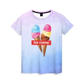Женская футболка 3D с принтом Ice Creme в Кировске, 100% полиэфир ( синтетическое хлопкоподобное полотно) | прямой крой, круглый вырез горловины, длина до линии бедер | ice cream | supreme | игра слов | лето | мороженое | рожок | тренд