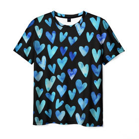 Мужская футболка 3D с принтом Blue Hearts в Кировске, 100% полиэфир | прямой крой, круглый вырез горловины, длина до линии бедер | Тематика изображения на принте: акварель | любовь | паттерн | сердечки