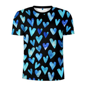 Мужская футболка 3D спортивная с принтом Blue Hearts в Кировске, 100% полиэстер с улучшенными характеристиками | приталенный силуэт, круглая горловина, широкие плечи, сужается к линии бедра | Тематика изображения на принте: акварель | любовь | паттерн | сердечки
