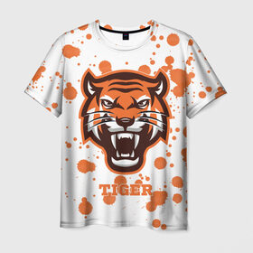 Мужская футболка 3D с принтом Огненный тигр в Кировске, 100% полиэфир | прямой крой, круглый вырез горловины, длина до линии бедер | дикий | желтый | зверь | злой | лес | охотник | стая | тигр | узор | хищник | черный | шерсть