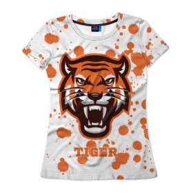 Женская футболка 3D с принтом Огненный тигр в Кировске, 100% полиэфир ( синтетическое хлопкоподобное полотно) | прямой крой, круглый вырез горловины, длина до линии бедер | дикий | желтый | зверь | злой | лес | охотник | стая | тигр | узор | хищник | черный | шерсть