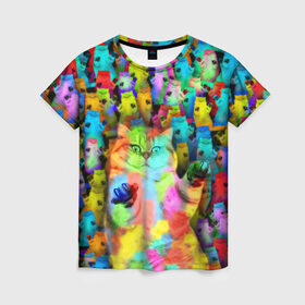Женская футболка 3D с принтом Котики на дискотеке в Кировске, 100% полиэфир ( синтетическое хлопкоподобное полотно) | прямой крой, круглый вырез горловины, длина до линии бедер | кошки | паттерн | психоделика | разноцветный | яркий