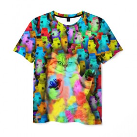 Мужская футболка 3D с принтом Котики на дискотеке в Кировске, 100% полиэфир | прямой крой, круглый вырез горловины, длина до линии бедер | Тематика изображения на принте: кошки | паттерн | психоделика | разноцветный | яркий