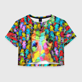 Женская футболка 3D укороченная с принтом Котики на дискотеке в Кировске, 100% полиэстер | круглая горловина, длина футболки до линии талии, рукава с отворотами | кошки | паттерн | психоделика | разноцветный | яркий