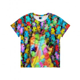 Детская футболка 3D с принтом Котики на дискотеке в Кировске, 100% гипоаллергенный полиэфир | прямой крой, круглый вырез горловины, длина до линии бедер, чуть спущенное плечо, ткань немного тянется | Тематика изображения на принте: кошки | паттерн | психоделика | разноцветный | яркий
