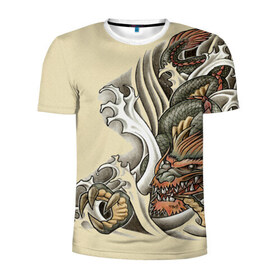 Мужская футболка 3D спортивная с принтом Восточный дракон в Кировске, 100% полиэстер с улучшенными характеристиками | приталенный силуэт, круглая горловина, широкие плечи, сужается к линии бедра | восток | дракон | тату | татуировка | япония
