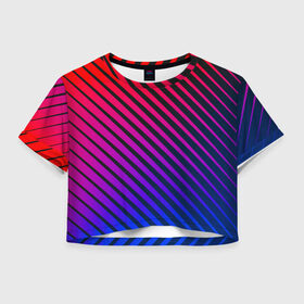 Женская футболка 3D укороченная с принтом Градиентные линии в Кировске, 100% полиэстер | круглая горловина, длина футболки до линии талии, рукава с отворотами | Тематика изображения на принте: абстракция | градиент | красный | линии | полосы | синий | темный | цвет
