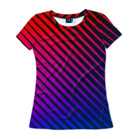 Женская футболка 3D с принтом Градиентные линии в Кировске, 100% полиэфир ( синтетическое хлопкоподобное полотно) | прямой крой, круглый вырез горловины, длина до линии бедер | абстракция | градиент | красный | линии | полосы | синий | темный | цвет