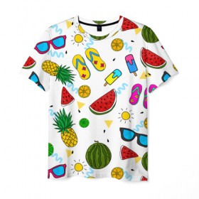 Мужская футболка 3D с принтом Летняя в Кировске, 100% полиэфир | прямой крой, круглый вырез горловины, длина до линии бедер | hot | lemon | summer | sun | ананас | арбуз | жара | курорт | лайм | лето | лимон | море | мороженое | отдых | очки | пляж | солнце