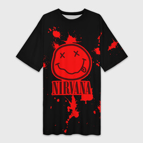 Платье-футболка 3D с принтом Nirvana в Кировске,  |  | cobain | kurt | nevermino | nirvana | альтернативный | гранж | грол | группа | дональд | кобейн | курт | музыка | надпись | нервана | нирвана | новоселич | певец | рок | смайл | смайлик | солист