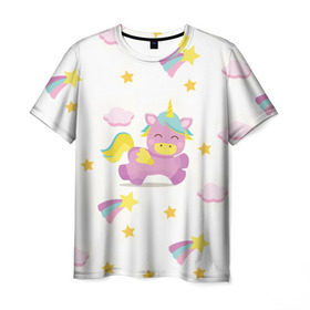 Мужская футболка 3D с принтом Розовый единорог в Кировске, 100% полиэфир | прямой крой, круглый вырез горловины, длина до линии бедер | единорог | звезда | легенда | лошадь | милые | миф | радуга | рог | символ | сказка | существо | яркие