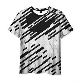 Мужская футболка 3D с принтом HEXAGON - Black and White в Кировске, 100% полиэфир | прямой крой, круглый вырез горловины, длина до линии бедер | 