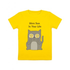 Детская футболка хлопок с принтом More Sun In Your Life в Кировске, 100% хлопок | круглый вырез горловины, полуприлегающий силуэт, длина до линии бедер | cat | lemon | summer | кот | котэ | кошка | лето | лимон | солнце | сочный