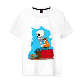 Мужская футболка хлопок с принтом Скелетон геодезист 3 в Кировске, 100% хлопок | прямой крой, круглый вырез горловины, длина до линии бедер, слегка спущенное плечо. | 