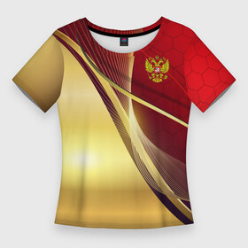 Женская футболка 3D Slim с принтом RUSSIA SPORT: Red and Gold. в Кировске,  |  | abstract | design | geometry | hexagon | red and black | russia | sport | texture | абстракция | геометрия | герб | дизайн | патриот | патриотизм | россия | русский | соты | спорт | текстура | шестиугольники