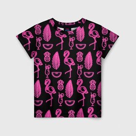 Детская футболка 3D с принтом Светящийся фламинго в Кировске, 100% гипоаллергенный полиэфир | прямой крой, круглый вырез горловины, длина до линии бедер, чуть спущенное плечо, ткань немного тянется | Тематика изображения на принте: африка | крылья | мода | прикольные | природа | птица | розовый | фламинго | цвет | яркие