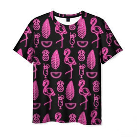 Мужская футболка 3D с принтом Светящийся фламинго в Кировске, 100% полиэфир | прямой крой, круглый вырез горловины, длина до линии бедер | африка | крылья | мода | прикольные | природа | птица | розовый | фламинго | цвет | яркие