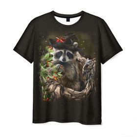 Мужская футболка 3D с принтом Енот и сова в Кировске, 100% полиэфир | прямой крой, круглый вырез горловины, длина до линии бедер | дерево | енот | животные | лес | птицы | сова | шляпа