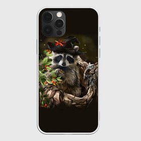 Чехол для iPhone 12 Pro с принтом Енот и сова в Кировске, силикон | область печати: задняя сторона чехла, без боковых панелей | дерево | енот | животные | лес | птицы | сова | шляпа