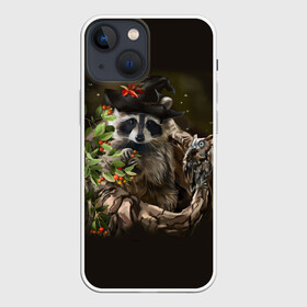 Чехол для iPhone 13 mini с принтом Енот и сова в Кировске,  |  | дерево | енот | животные | лес | птицы | сова | шляпа