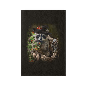 Обложка для паспорта матовая кожа с принтом Енот и сова в Кировске, натуральная матовая кожа | размер 19,3 х 13,7 см; прозрачные пластиковые крепления | дерево | енот | животные | лес | птицы | сова | шляпа
