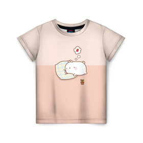 Детская футболка 3D с принтом Molang Сладкий Сон в Кировске, 100% гипоаллергенный полиэфир | прямой крой, круглый вырез горловины, длина до линии бедер, чуть спущенное плечо, ткань немного тянется | kawaii | аниме | зайчик | зая | заяц | каваи | клубника | мимими | моланг | розовый | сон