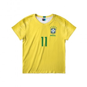 Детская футболка 3D с принтом Coutinho home WC 2018 в Кировске, 100% гипоаллергенный полиэфир | прямой крой, круглый вырез горловины, длина до линии бедер, чуть спущенное плечо, ткань немного тянется | brazil | coutinho | cup champions | league | world | бразилия | коутиньо