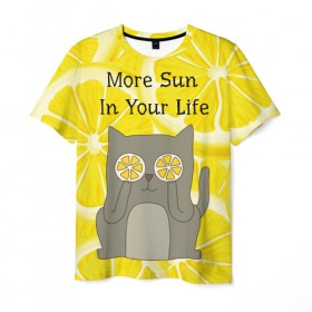 Мужская футболка 3D с принтом More Sun In Your Life в Кировске, 100% полиэфир | прямой крой, круглый вырез горловины, длина до линии бедер | cat | kitty | lemon | lemonade | limon | pussycat | summer | жара | желтый | кот | котенок | котики | котэ | кошка | лемон | лемонад | лето | лимон | лимонад | позитив | серый | сок | солнце | сочный | фрукт | цитрус | черный | яркий