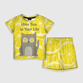 Детский костюм с шортами 3D с принтом More Sun In Your Life в Кировске,  |  | cat | kitty | lemon | lemonade | limon | pussycat | summer | жара | желтый | кот | котенок | котики | котэ | кошка | лемон | лемонад | лето | лимон | лимонад | позитив | серый | сок | солнце | сочный | фрукт | цитрус | черный | яркий