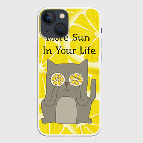 Чехол для iPhone 13 mini с принтом More Sun In Your Life в Кировске,  |  | cat | kitty | lemon | lemonade | limon | pussycat | summer | жара | желтый | кот | котенок | котики | котэ | кошка | лемон | лемонад | лето | лимон | лимонад | позитив | серый | сок | солнце | сочный | фрукт | цитрус | черный | яркий