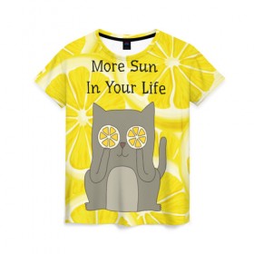 Женская футболка 3D с принтом More Sun In Your Life в Кировске, 100% полиэфир ( синтетическое хлопкоподобное полотно) | прямой крой, круглый вырез горловины, длина до линии бедер | cat | kitty | lemon | lemonade | limon | pussycat | summer | жара | желтый | кот | котенок | котики | котэ | кошка | лемон | лемонад | лето | лимон | лимонад | позитив | серый | сок | солнце | сочный | фрукт | цитрус | черный | яркий