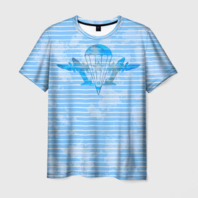 Мужская футболка 3D с принтом ВДВ в Кировске, 100% полиэфир | прямой крой, круглый вырез горловины, длина до линии бедер | вдв | голубая | никто кроме нас | парашют | полоски | самолеты | тельняшка