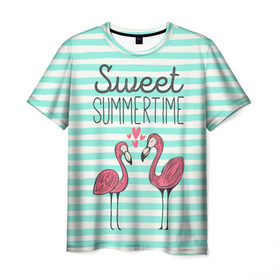 Мужская футболка 3D с принтом Sweet Summer Time в Кировске, 100% полиэфир | прямой крой, круглый вырез горловины, длина до линии бедер | animal | art | flamingo | love | pink | summer | sweet | time | арт | белый | бирюзовый | жара | животное | лето | любовь | матроска | полоски | рисунок | розовый | роман | сердечки | сердце | серый | фламинго | черный