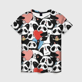 Женская футболка 3D с принтом Пандяшки в Кировске, 100% полиэфир ( синтетическое хлопкоподобное полотно) | прямой крой, круглый вырез горловины, длина до линии бедер | baby | cute | fun | gift | happy | heart | panda | paw | smile | белый | красный | лапа | малыш | милый | мягкий | нежный | няшный | панда | подарок | радость | розовый | сердце | счастье | сюрприз | улыбка | черный