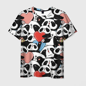 Мужская футболка 3D с принтом Пандяшки в Кировске, 100% полиэфир | прямой крой, круглый вырез горловины, длина до линии бедер | baby | cute | fun | gift | happy | heart | panda | paw | smile | белый | красный | лапа | малыш | милый | мягкий | нежный | няшный | панда | подарок | радость | розовый | сердце | счастье | сюрприз | улыбка | черный