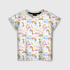 Детская футболка 3D с принтом Акварельные Единороги в Кировске, 100% гипоаллергенный полиэфир | прямой крой, круглый вырез горловины, длина до линии бедер, чуть спущенное плечо, ткань немного тянется | unicorn | единорог | единорожка | мимими | радуга