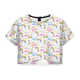 Женская футболка 3D укороченная с принтом Акварельные Единороги в Кировске, 100% полиэстер | круглая горловина, длина футболки до линии талии, рукава с отворотами | unicorn | единорог | единорожка | мимими | радуга