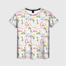 Женская футболка 3D с принтом Акварельные Единороги в Кировске, 100% полиэфир ( синтетическое хлопкоподобное полотно) | прямой крой, круглый вырез горловины, длина до линии бедер | unicorn | единорог | единорожка | мимими | радуга