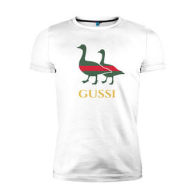 Мужская футболка премиум с принтом Gussi GG в Кировске, 92% хлопок, 8% лайкра | приталенный силуэт, круглый вырез ворота, длина до линии бедра, короткий рукав | gucci | gussi | гуси | гучи