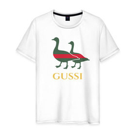 Мужская футболка хлопок с принтом Gussi GG в Кировске, 100% хлопок | прямой крой, круглый вырез горловины, длина до линии бедер, слегка спущенное плечо. | gucci | gussi | гуси | гучи