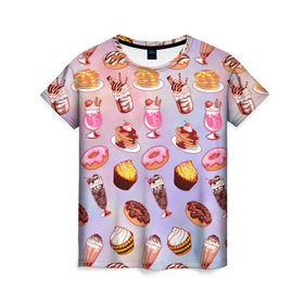 Женская футболка 3D с принтом Очень Сладкий Паттерн в Кировске, 100% полиэфир ( синтетическое хлопкоподобное полотно) | прямой крой, круглый вырез горловины, длина до линии бедер | блины | вкусняшка | еда | кекс | клубника | коктейль | мороженое | панкейк | пончик | сладости