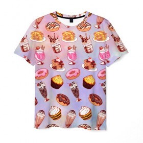 Мужская футболка 3D с принтом Очень Сладкий Паттерн в Кировске, 100% полиэфир | прямой крой, круглый вырез горловины, длина до линии бедер | блины | вкусняшка | еда | кекс | клубника | коктейль | мороженое | панкейк | пончик | сладости