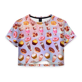 Женская футболка 3D укороченная с принтом Очень Сладкий Паттерн в Кировске, 100% полиэстер | круглая горловина, длина футболки до линии талии, рукава с отворотами | блины | вкусняшка | еда | кекс | клубника | коктейль | мороженое | панкейк | пончик | сладости