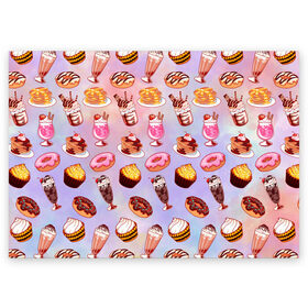 Поздравительная открытка с принтом Очень Сладкий Паттерн в Кировске, 100% бумага | плотность бумаги 280 г/м2, матовая, на обратной стороне линовка и место для марки
 | Тематика изображения на принте: блины | вкусняшка | еда | кекс | клубника | коктейль | мороженое | панкейк | пончик | сладости