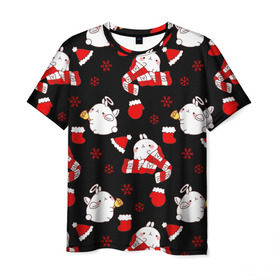 Мужская футболка 3D с принтом Molang Новогодний Паттерн в Кировске, 100% полиэфир | прямой крой, круглый вырез горловины, длина до линии бедер | kawaii | аниме | зайчик | зая | каваи | кролик | мимими | моланг | нг | новый год | рождество | снежинка