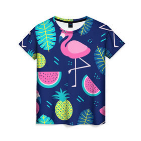Женская футболка 3D с принтом Фламинго в Кировске, 100% полиэфир ( синтетическое хлопкоподобное полотно) | прямой крой, круглый вырез горловины, длина до линии бедер | flamingo | ананас | арбуз | летние | летняя | лето | листья | текстура | фламинго | фрукты